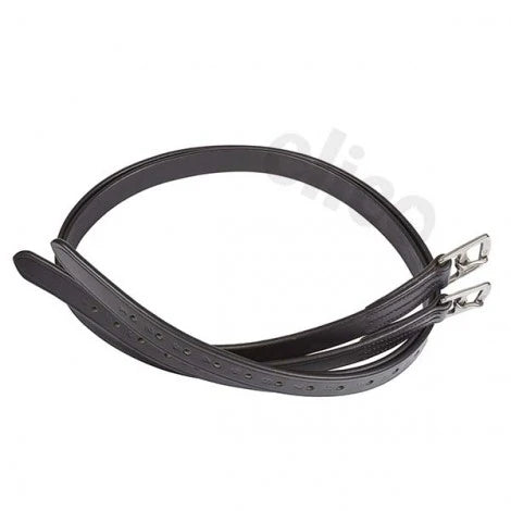 Brown Elico Bremen stirrup leathers by Winston and Porter, full length, shown hanging with detailed leather texture.